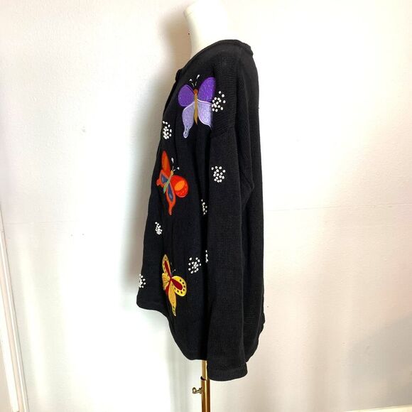 The Quacker Factory Women's 1X Button Up Cardigan Black w/ Butterflies - Picture 11 of 13